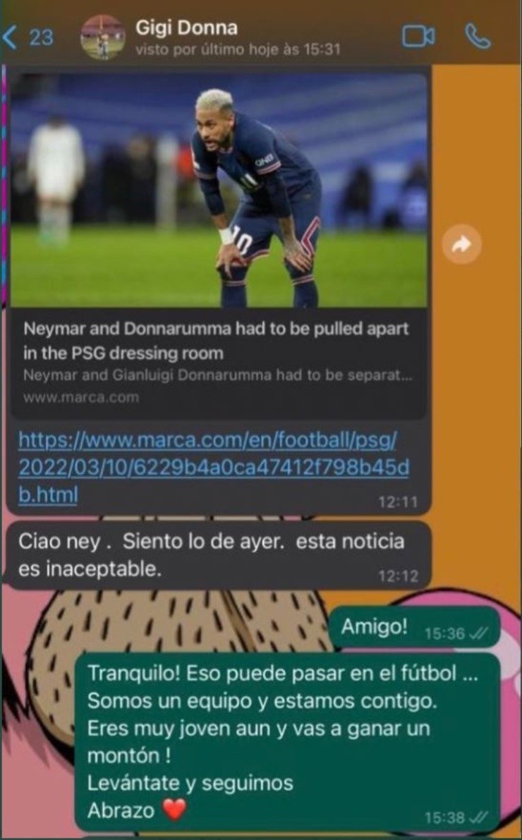 Neymar revealed a WhatsApp conversation with Donnarumma after PSG’s elimination from the Champions League. (Via IG: neymarjr).