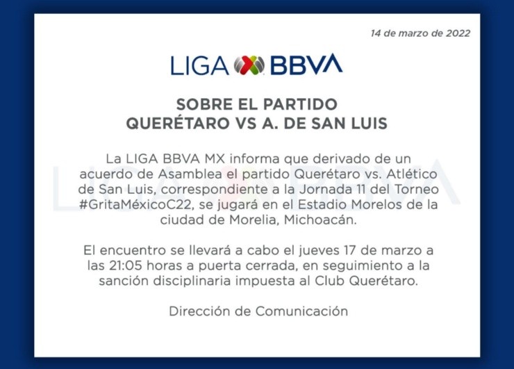 Anuncio sobre la localía de Querétaro. (@LigaBBVAMX)