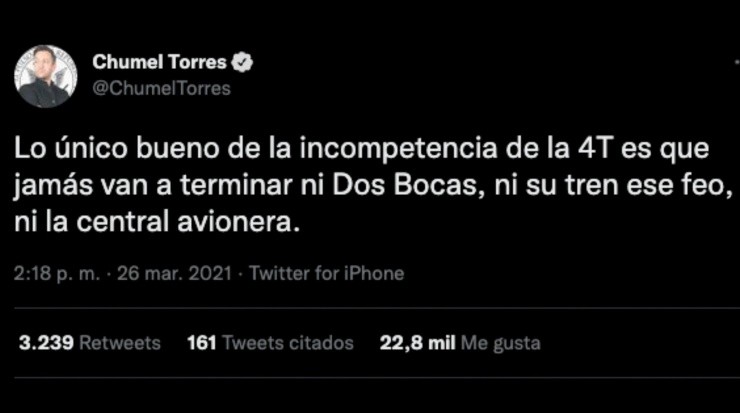 Tweet de Chumel Torres citado por AMLO