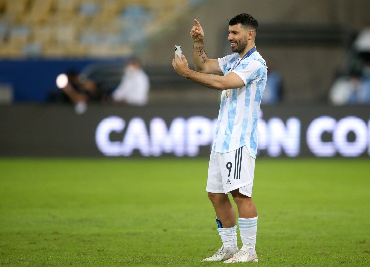 RIO DE JANEIRO, BRAZIL - JULY 10: Sergio Aguero of Argentina celebrates after winning the Final of Copa America Brazil 2021 ,during the Final Match between Brazil and Argentina at Maracana Stadium on July 10, 2021 in Rio de Janeiro, Brazil. (Photo by MB Media/Getty Images)-Not Released (NR)