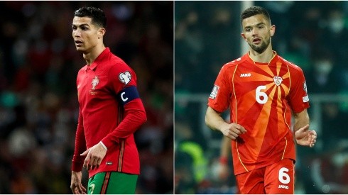 Cristiano Ronaldo of Portugal (left) and Visar Musliu of North Macedonia.
