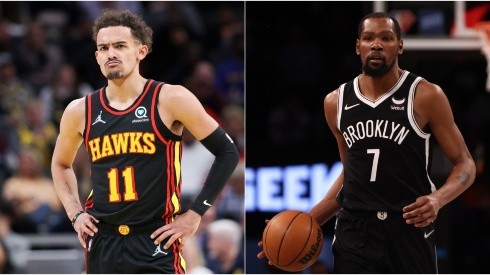 Trae Young of the Atlanta Hawks and Kevin Durant of Brooklyn Nets