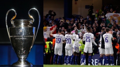 Trofeo de la UEFA Champions League y jugadores del Real Madrid.