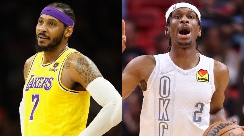 Carmelo Anthony of the Los Angeles Lakers and Shai Gilgeous-Alexander of the Oklahoma City Thunder