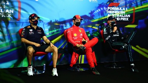 Sergio Pérez, Charles Leclerc y George Russell tras el Gran Premio de Australia.