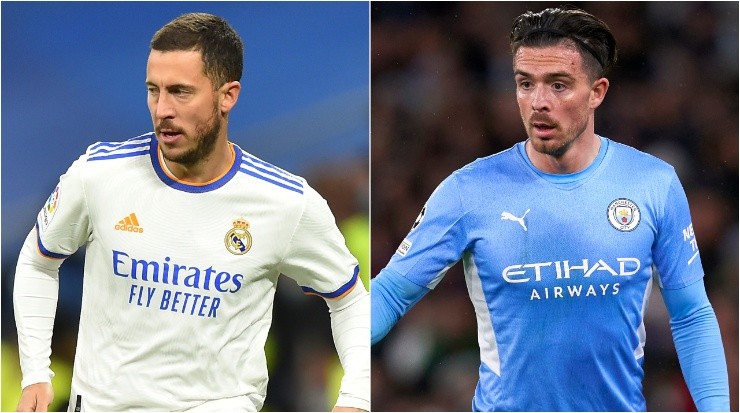 Eden Hazard of Real Madrid and Jack Grealish of Manchester City. (Denis Doyle &amp; Pedro Salado/Getty Images)