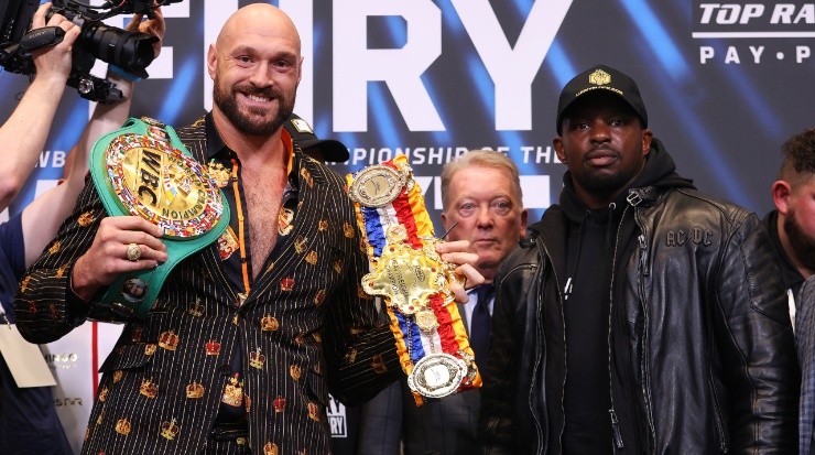 Tyson Fury and Dillian Whyte during their last press conference. (Mikey Williams/Top Rank Inc via Getty Images)