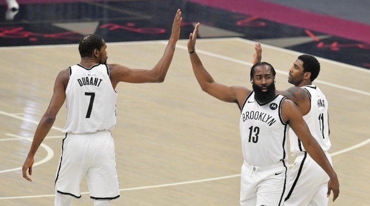 Kevin Durant #7 James Harden #13 and Kyrie Irving #11 (Photo by Jason Miller/Getty Images)