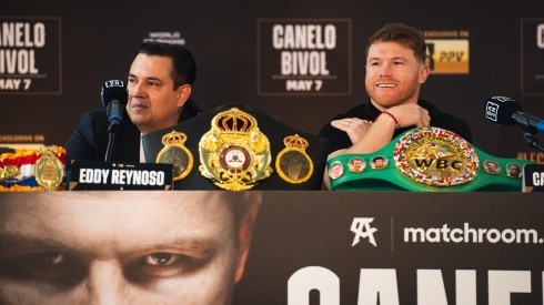 Canelo and Eddy Reynoso during a promotional press conference