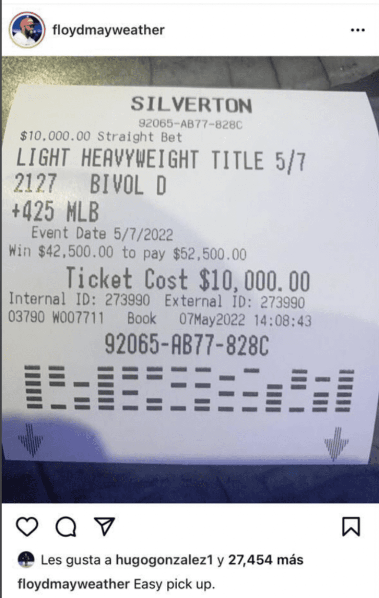 Mayweather compartió su apuesta en redes sociales.