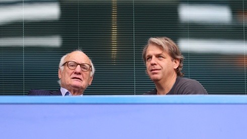 Todd Boehly (right), prospective buyer of Chelsea FC speaks to Bruce Buck, Chairperson of Chelsea