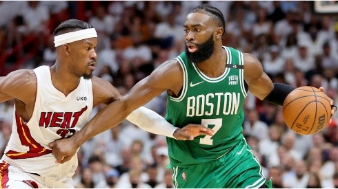 Jaylen Brown of the Boston Celtics against Jimmy Butler of the Miami Heat