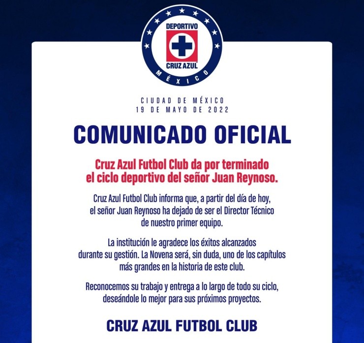 Comunicado de despido de Juan Reynoso