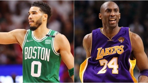 Jayson Tatum of the Boston Celtics and Kobe Bryant playing for the Los Angeles Lakers