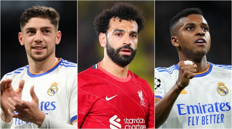 Mohamed Salah of Liverpool (C), and Federico Valverde (L) and Rodrygo of Real Madrid (Getty Images).