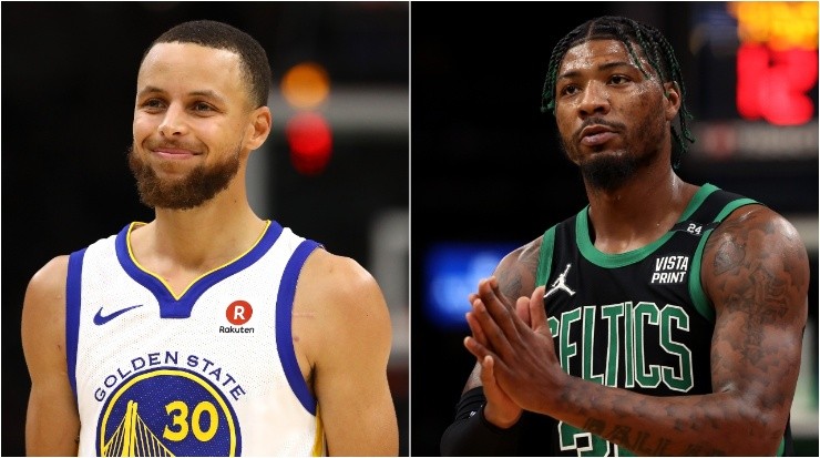 Stephen Curry y Marcus Smart. (Getty Images)