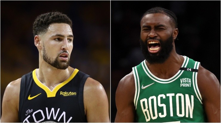 Klay Thompson y Jaylen Brown. (Getty Images)