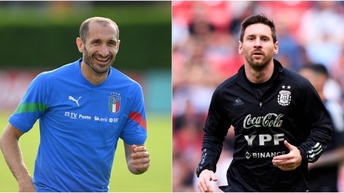 Giorgio Chiellini (L) of Italy and Lionel Messi (R) of Argentina