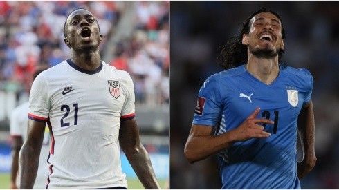 Tim Weah of the USA (left) and Edinson Cavani of Uruguay.