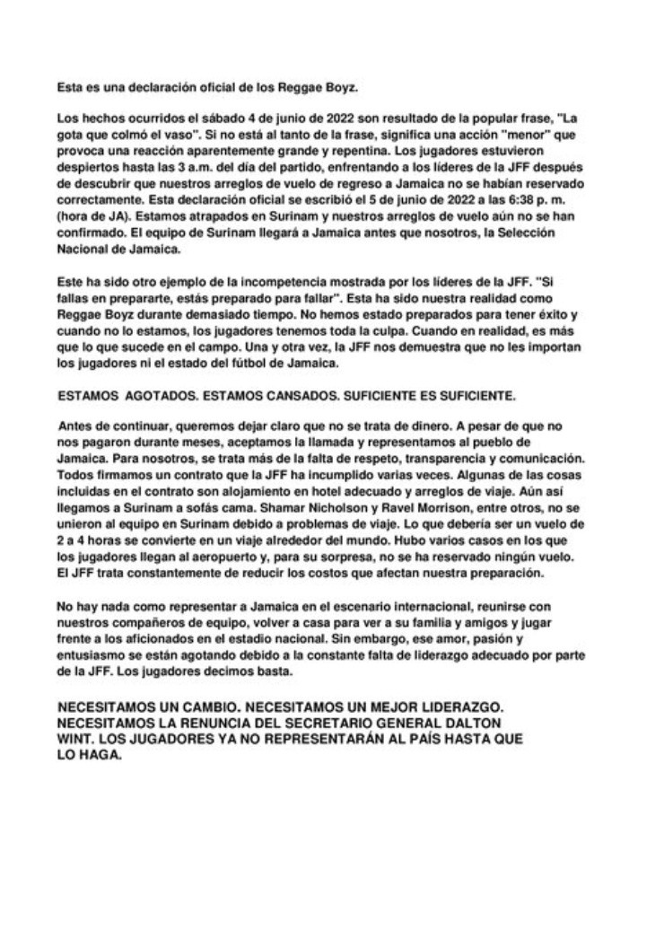 Comunicado de la Selección de Jamaica 