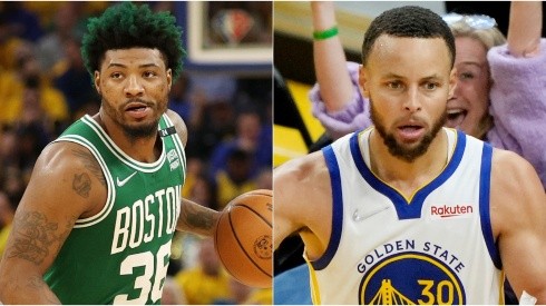 Marcus Smart of the Boston Celtics and Stephen Curry of the Golden State Warriors