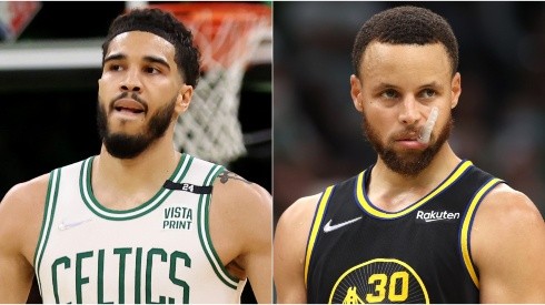 Jayson Tatum of the Boston Celtics and Stephen Curry of the Golden State Warriors
