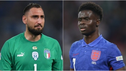 Gianluigi Donnarumma of Italy and Bukayo Saka of England