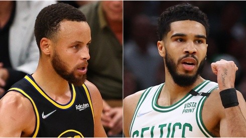 Stephen Curry of the Golden State Warriors and Jayson Tatum of the Boston Celtics