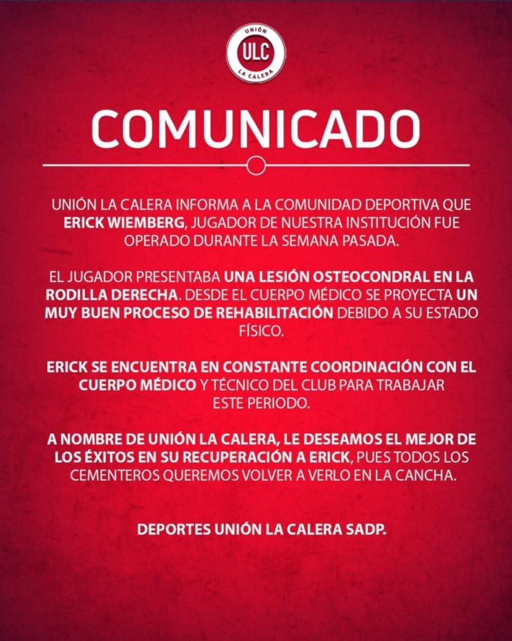 Comunicado Unión La Calera Erick Wiemberg