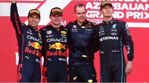 Red Bull drivers at the Azerbaijan GP award ceremony