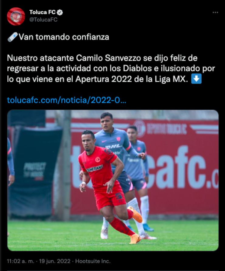 Tweet de Toluca sobre Camilo Sanvezzo | 19-06-22