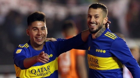 Guillermo Fernandez of Boca Juniors celebrates with teammate Dario Benedetto