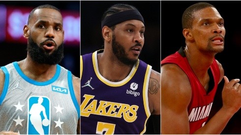 LeBron James and Carmelo Anthony of the Los Angeles Lakers and Chris Bosh as a Miami Heat player