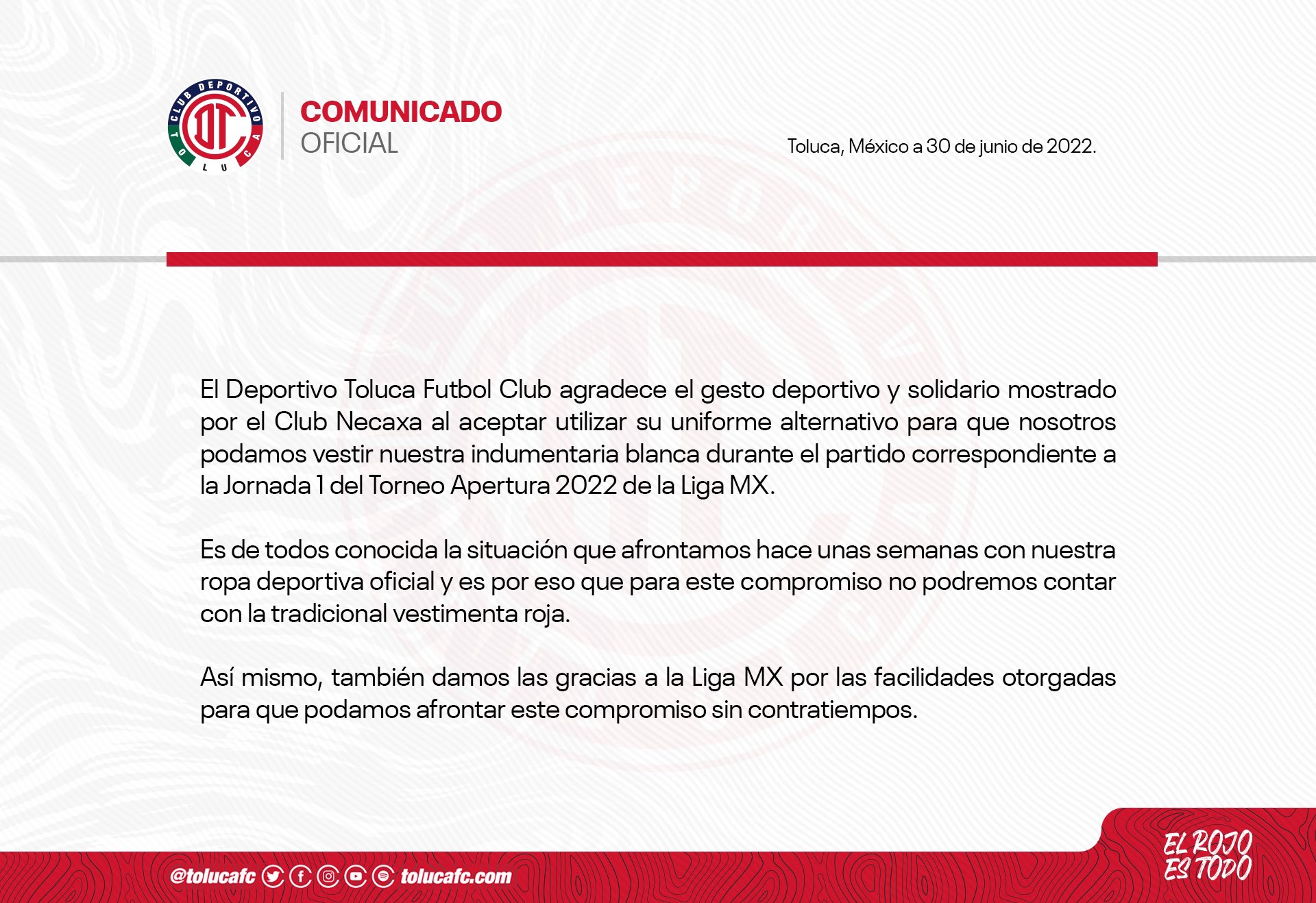 Comunicado oficial de Toluca