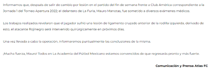 Mauro Manotas se rompió los ligamentos cruzados. (Atlas Oficial)
