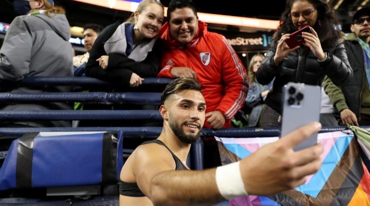 Valentín Castellanos #11 of New York City takes a picture with fans after losing 3-1 against Seattle Sounders during the CONCACAF Champions League Semifinals at Lumen Field on April 06, 2022 in Seattle, Washington. (Photo by Steph Chambers/Getty Images)