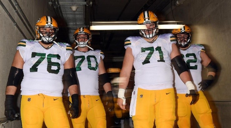 Jon Runyan #76, Royce Newman #70, Josh Myers #71 and Lucas Patrick #62 of the Green Bay Packers (Photo by Nic Antaya/Getty Images)
