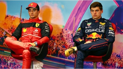 Sprint winner Max Verstappen and second placed Charles Leclerc