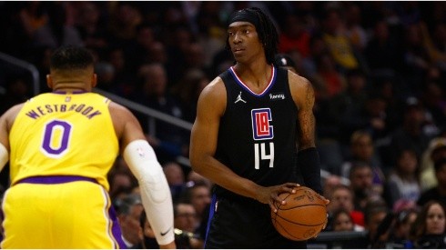 Terance Mann of the LA Clippers and Russell Waestbrook of Los Angeles Lakers playing at the Crypto.com Arena
