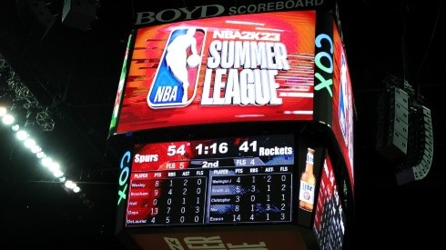 A scoreboard shows an NBA Summer League logo during a game