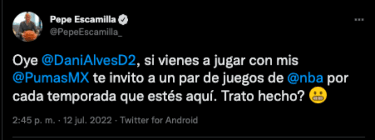 Invitación de Pepe Escamilla para Dani Alves | Twitter