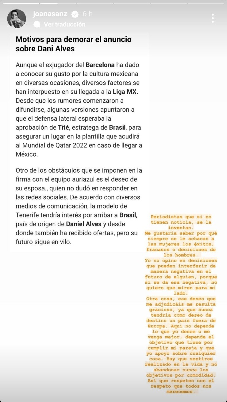 La declaración de Joana Sanz en Instagram (@joanasanz)