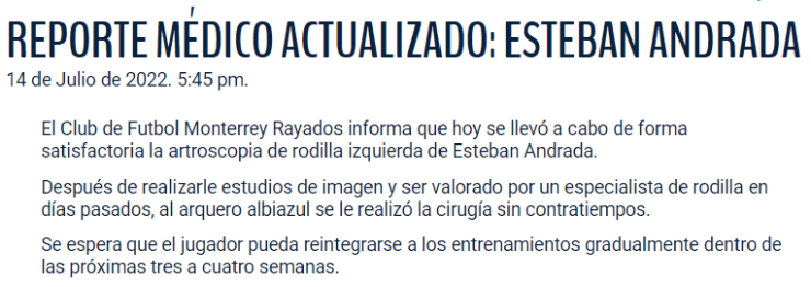 Reporte médico por Esteban Andrada. (Prensa Monterrey)