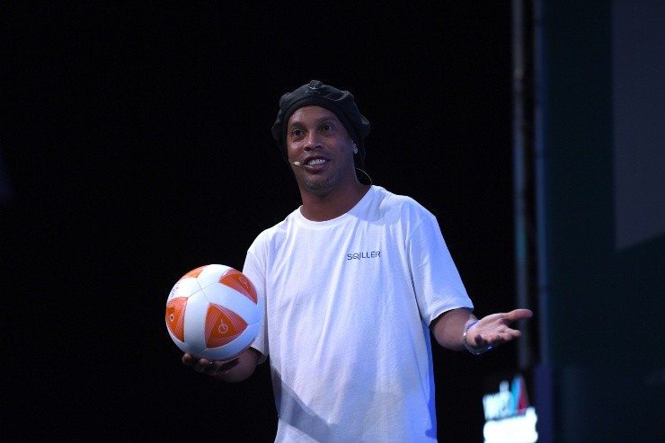LISBON , PORTUGAL - 5 November 2019; Ronaldinho, Ambassador, Teqball, on SportsTrade during the opening day of Web Summit 2019 at the Altice Arena in Lisbon, Portugal. (Photo By Harry Murphy/Sportsfile for Web Summit via Getty Images)-Not Released (NR)