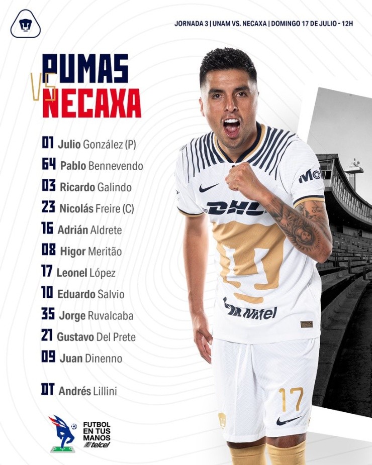 Estos son los 11 que enfrentarán al Necaxa (@PumasMX)