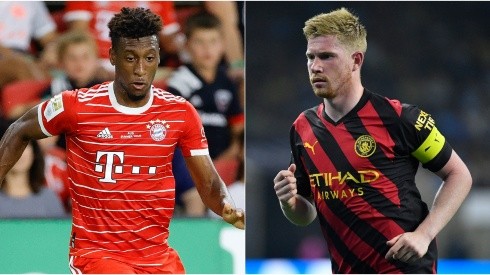 Kingsley Coman of Bayern Munich (L) and Kevin De Bruyne of Manchester City (R)