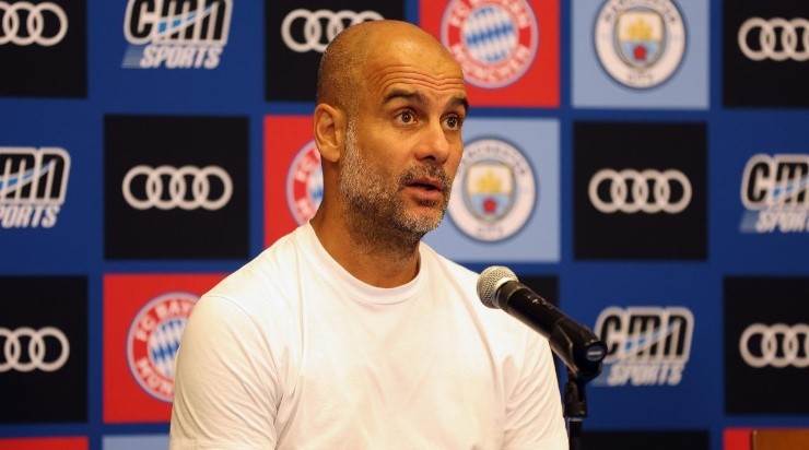 Manchester City Manager, Pep Guardiola speaks to the press after the pre-season friendly match between Bayern Munich and Manchester City at Lambeau Field on July 23, 2022 in Green Bay, Wisconsin. (Photo by Jamie Squire/Getty Images)