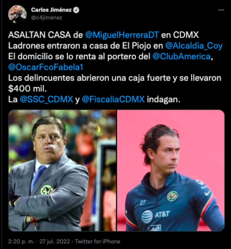 Tuit anunciando el robo a Óscar Jiménez | Twitter