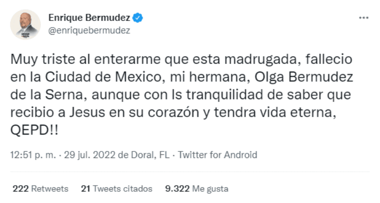 Perro Bermúdez despidió a su hermana en Twitter