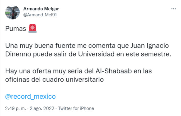¿Juan Ignacio Dinenno se va de Pumas?